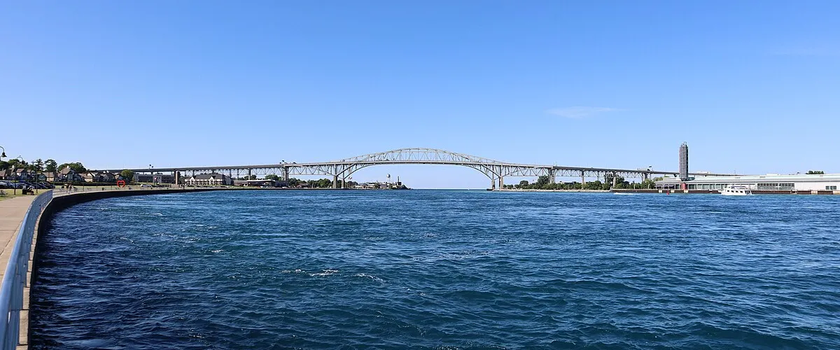 Port Huron Michigan waterfront and Blue Water Bridge skyline