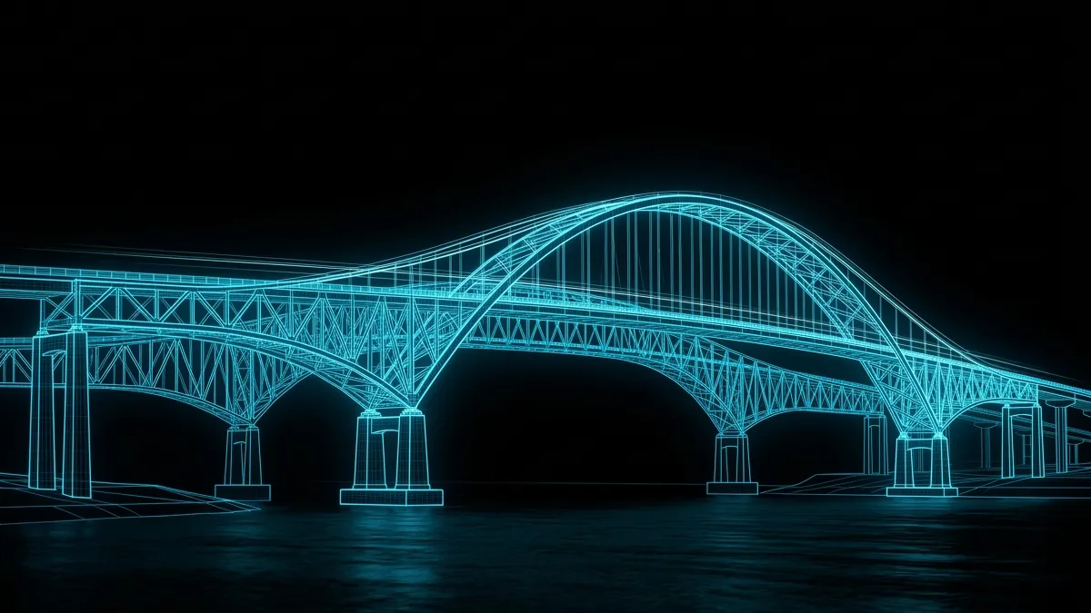 Blue Water Bridge hologram illustration connecting Port Huron Michigan to Sarnia Ontario